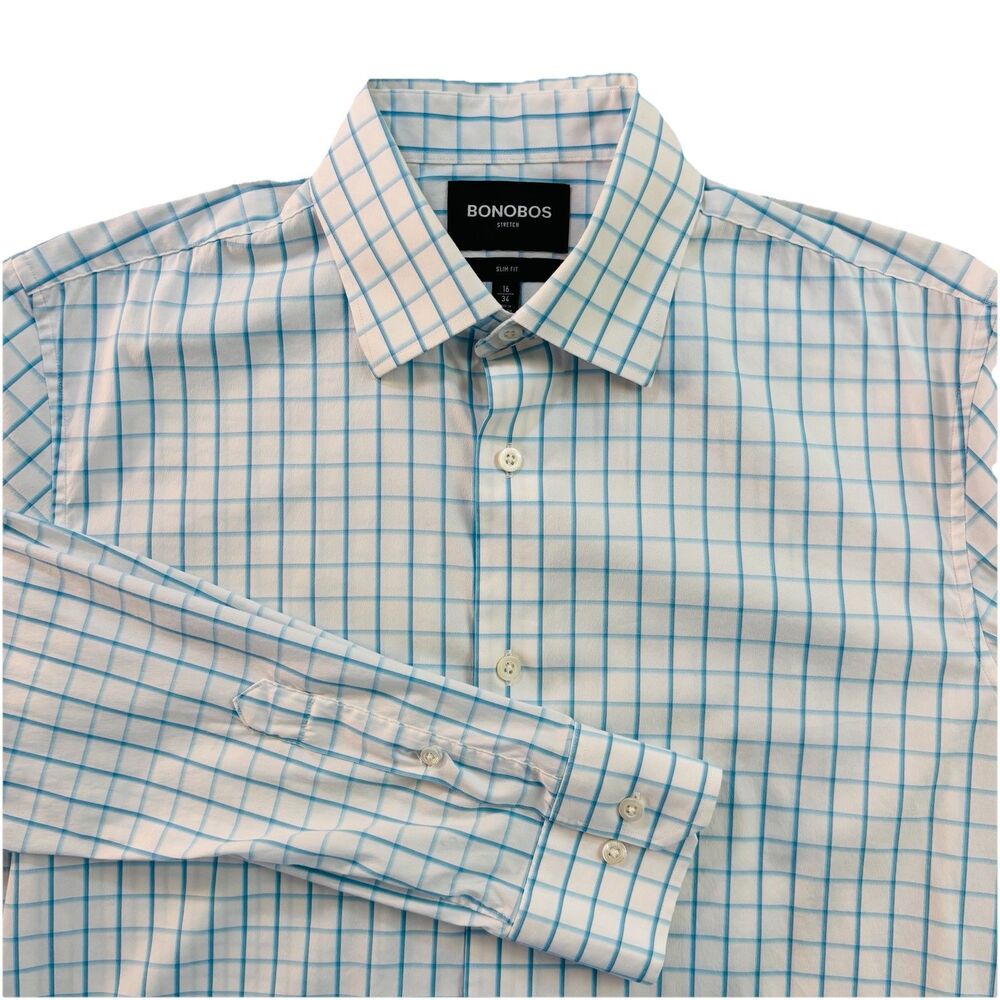 Mens Bonobos Stretch Slim Fit 16-34 Long Sleeve Button Down Shirt White & Blue